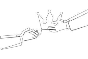 Single continuous line drawing a hand gives the crown. Hard work that pays off. Get the most important throne in the business world. Well-known company. Success. One line design illustration vector
