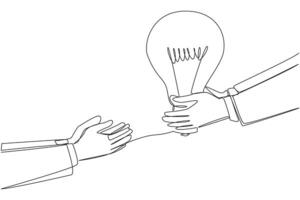 Continuous one line drawing hand giving lightbulb to colleague. Providing best advice for the good and progress of business. Great partner. Brainstorming. Single line draw design illustration vector