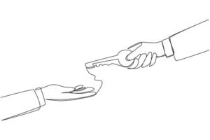 Single continuous line drawing a hand gives a key to a coworker. Full trust is given. Fix anything that's broken. Keep it up. Business that will continue to grow. One line design illustration vector