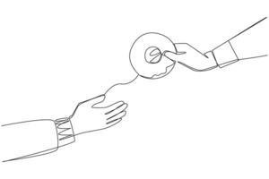 Single one line drawing hand giving donut. Provides soft donut snacks. Want to enjoy light and sweet food together. Share moments of togetherness. Enjoy. Continuous line design graphic illustration vector