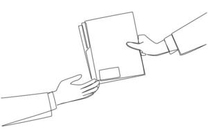 Continuous one line drawing hand gives document folder. Concept of sharing work data. Provide work that must be completed right away. Tidying up documents. Single line draw design illustration vector