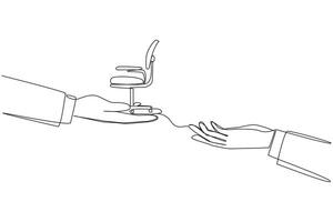 Continuous one line drawing hand provides work chair. Handover of position. Share the same responsibilities in business. Teamwork to make a lot of profit. Single line draw design illustration vector