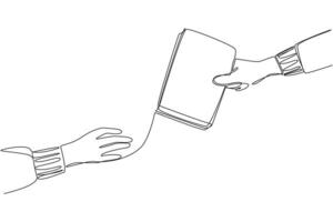 Single continuous line drawing a hand gives a book to its partner. Lend a book. Increase knowledge. Making the world getting closer. A hobby of reading. Good habit. One line design illustration vector