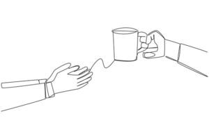 Continuous one line drawing hand giving mug glass. Contains cup of warm coffee or tea. Create comfortable atmosphere of togetherness. Relaxed for a moment. Single line draw design illustration vector