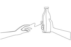 Single continuous line drawing hand giving bottle of milk. Share healthy drinks. Drinking it cold is more refreshing. Drinks high in calcium are good for the body. One line design illustration vector