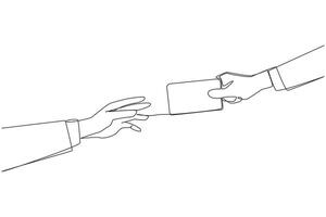 Single continuous line drawing hand giving debit card. Payment transactions carried out non-cash. Use cards to make things easier. Technology that makes it easy. One line design illustration vector