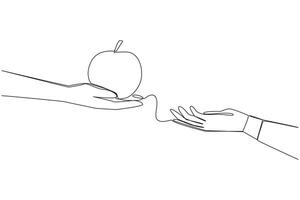 Single one line drawing hand giving apple. Fruit has three colors, red, yellow and green. Has different taste. Contains vitamins C, A also contains calcium. Continuous line design graphic illustration vector