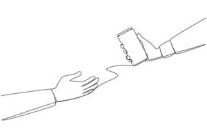 Single continuous line drawing hand giving canned drink. Soft drinks. Cold drink after exercise. Drinks high in sugar content. Not good to consume all the time. One line design illustration vector