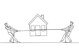 Continuous one line drawing two businessmen fight over a miniature house. Compete to get a decent official residence. House close to business location. Single line draw design illustration vector