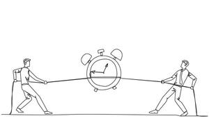 Continuous one line drawing two businessmen fighting over an alarm clock. Compete to get extra time to complete business deadlines. Daily business report. Single line draw design illustration vector