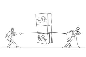 Single one line drawing two businessmen fighting over banknotes. Competition for cash bonuses. Hard work and smart work are required. Year-end bonuses. Continuous line design graphic illustration vector