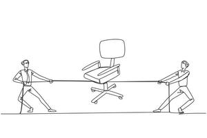 Single continuous line drawing two businessmen fighting over an office chair. Competition for worthy positions in the company. Everything is done to achieve it. One line design illustration vector