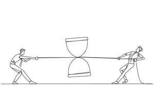 Single continuous line drawing two businessmen fighting over an hourglass. Chasing each other against time. Deadline is approaching. Complete the business report. One line design illustration vector