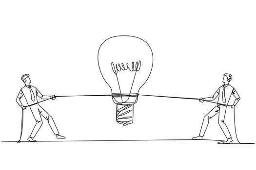 Single one line drawing two businessmen fighting over a lightbulb. Compete to find solutions to problems faced by company. Lack of unity. Partnership split. Continuous line design graphic illustration vector