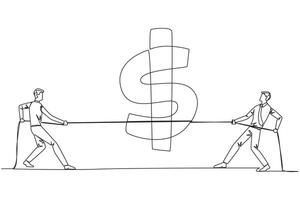 Continuous one line drawing two businessmen fighting over dollar symbol. Balancing expenditure with income. Don't be careless in spending money in business. Single line draw design illustration vector
