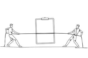 Single continuous line drawing two businessmen fighting over a clipboard. Fight to be the first to complete the report. Healthy competition. Company profits. One line design illustration vector