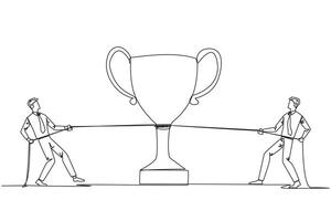 Single continuous line drawing two businessmen fighting for a trophy. Strive to be a winner. Always get satisfactory business results. A very appreciated business. One line design illustration vector