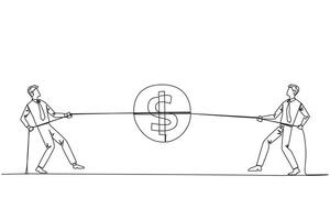 Single one line drawing two businessmen fighting over a coin with a dollar symbol. Compete for the slightest profit. For a better business life. Bonuses. Continuous line design graphic illustration vector