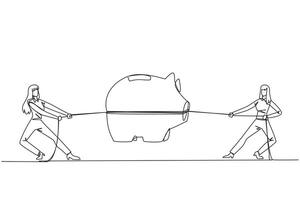 Continuous one line drawing two businesswomen fighting over a piggy bank. Competition for investment. Save penny by penny for comfortable retirement life. Single line draw design illustration vector
