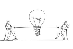 Single continuous line drawing two businesswomen fighting over a lightbulb. Compete to find solution. Compete to find new, fresher ideas. For the good of company. One line design illustration vector