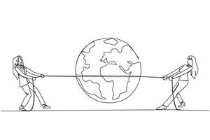 Continuous one line drawing two businesswomen fighting over globe. Fighting over strategic locations. The fighting to open new business branch. Profitable. Single line draw design illustration vector