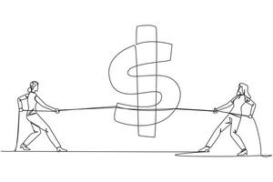 Single continuous line drawing two businesswomen fighting over dollar symbol. Balancing expenditure with income. Mutual attraction of income. Don't want to give up. One line design illustration vector