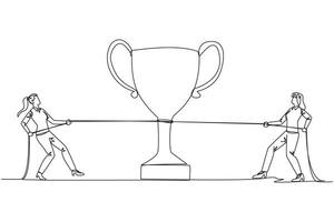 Single one line drawing two businesswomen fighting for a trophy. Strive to be a winner. Hard struggle to become a winner. Against the great businesswoman. Continuous line design graphic illustration vector