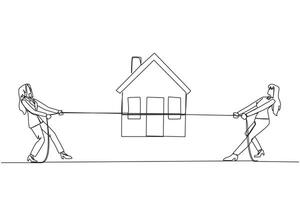 Continuous one line drawing two businesswomen fight over miniature house. Compete to get decent life in retirement. The most comfortable place. Investment. Single line draw design illustration vector