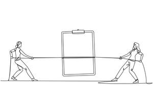 Single continuous line drawing two businesswomen fighting over a clipboard. Fight to be the first to complete the biweekly report. Compete for the company profits. One line design illustration vector