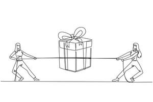 Single continuous line drawing two businesswomen fighting over a gift box. Trying to get each other bonuses. Bonus for each other's hard work. Work smarter than before. One line illustration vector