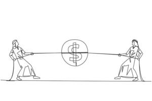 Continuous one line drawing two Arabian businessmen fighting over a coin with dollar symbol. Compete for rights that must be received, even if small thing. Single line draw design illustration vector