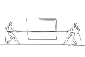 Continuous one line drawing two businesswomen fighting over document folder.Competition for the best potential clients. Vigorous efforts for company profit. Single line draw design illustration vector