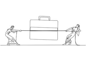 Single continuous line drawing two Arabian businessmen fighting over briefcase. Compete to be the best marketer to market new products. Expand the new business. One line design illustration vector
