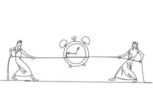 Single one line drawing two Arabian businessmen fighting over an alarm clock. Compete to be able to complete the report as quickly as possible. Obstacles. Continuous line design graphic illustration vector