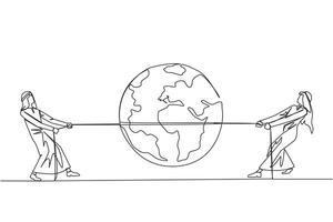 Single continuous line drawing two Arabian businessmen fighting over globe. Fighting over territory. Expanding the business land. Get maximum profit. Work smart. One line design illustration vector