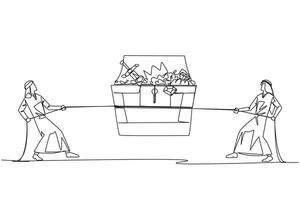 Single one line drawing two Arabian businessmen fight over an open treasure chest. Battle over finding treasure. Everything is done to have it. Greedy. Continuous line design graphic illustration vector