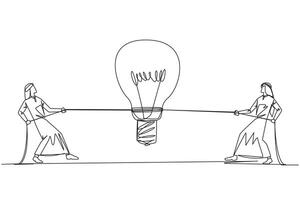 Single continuous line drawing two Arabian businessmen fighting over a lightbulb. Competition looks for the brilliant ideas and innovations for company progress. One line design illustration vector