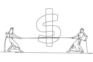 Single continuous line drawing two Arabian businessmen fighting over dollar symbol. The struggle to balance the financial balance. Try not to lose or bankrupt. One line design illustration vector