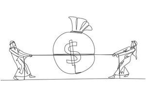 Continuous one line drawing two Arabian businessmen fighting over a money bag. Compete to get as much profit as possible. Greed of entrepreneurs. Unethical. Single line draw design illustration vector