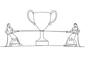 Single one line drawing two Arabian businessmen fighting for the trophy. Fighting against the hypocritical coworkers. Want to control everything. Greedy. Continuous line design graphic illustration vector