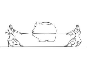 Single one line drawing two Arabian businessmen fighting over a piggy bank. Fighting each other for investment. Rely on muscle to become a winner. Struggle. Continuous line design graphic illustration vector