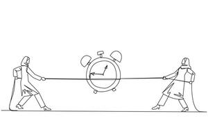 Single one line drawing two Arabian businesswomen fighting over an alarm clock. The battle to get work done before the deadline. Eliminates rioters. Fight. Continuous line design graphic illustration vector
