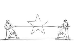 Continuous one line drawing two Arabian businessmen fighting for a star. Compete to get stars. Best rating. Get maximum ranking. Dream comes true. Winner. Single line draw design illustration vector