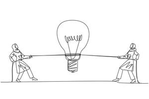 Continuous one line drawing two Arabian businessmen fighting over a lightbulb. Compete to find solutions. Looking for the best way out to gain profits. Single line draw design illustration vector
