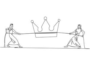 Continuous one line drawing two Arabian businessmen fight for the crown. Compete for the throne to facilitate the smooth running of business. Authority. Single line draw design illustration vector