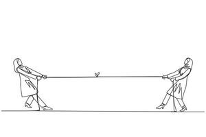 Single continuous line drawing two Arabian businesswomen pulling each other's rope. Little game. Look for weaknesses to the team's strengths. Bonding. Togetherness. One line design illustration vector