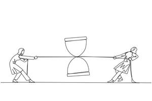 Continuous one line drawing Arabian businesswomen fighting over hourglass. Fierce competition to get additional time for business expansion opportunities. Single line draw design illustration vector
