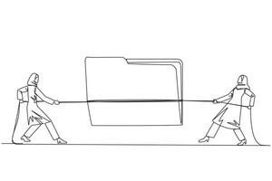 Single continuous line drawing two Arabian businesswomen fighting over document folder. The most important client detail data is up for grabs. Lots of benefits. One line design illustration vector