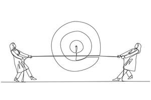 Continuous one line drawing two Arabian businesswomen fighting over arrow target board. Fight to get the desired focus. Struggle to achieve maximum targets. Single line draw design illustration vector