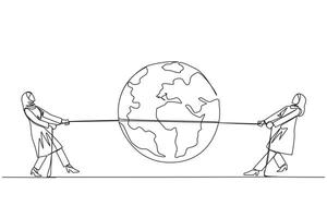Continuous one line drawing two Arabian businesswomen fighting over globe. Fierce fight for territory. Build a business empire. Get the profit. Work smart. Single line draw design illustration vector